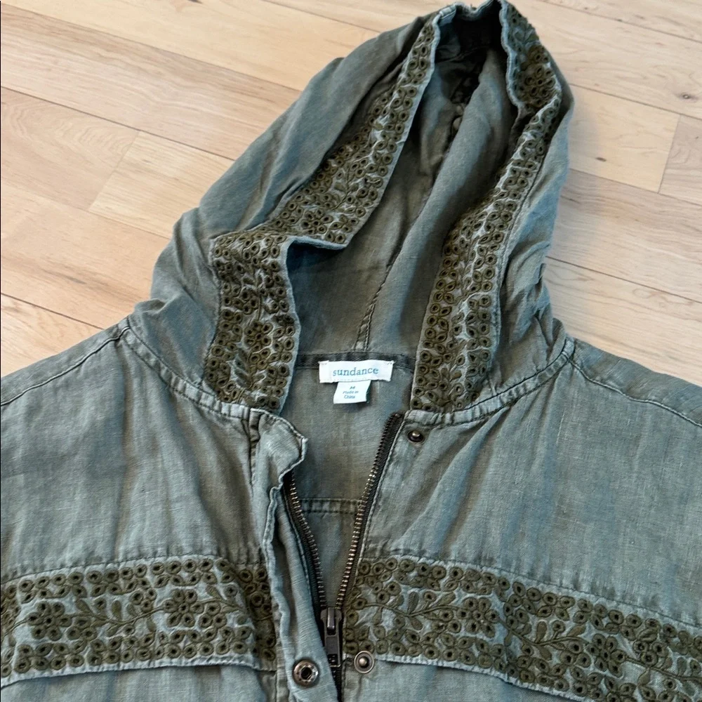 Sundance Grace Eyelet Hooded Linen Utility Jacket in olive green-M-Boho-Read - Picture 4 of 10